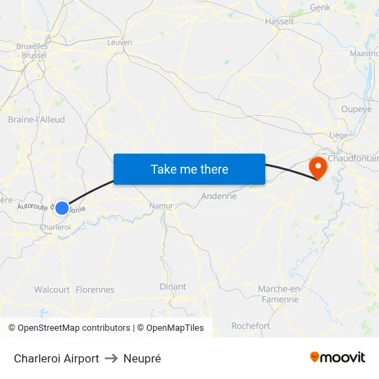 Charleroi Airport to Neupré map