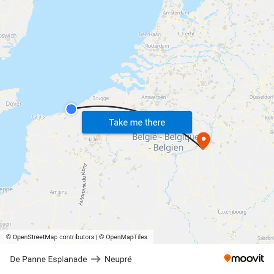 De Panne Esplanade to Neupré map
