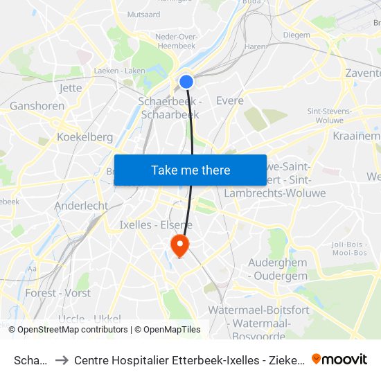 Schaerbeek to Centre Hospitalier Etterbeek-Ixelles - Ziekenhuizencentrum Etterbeek-Elsene map