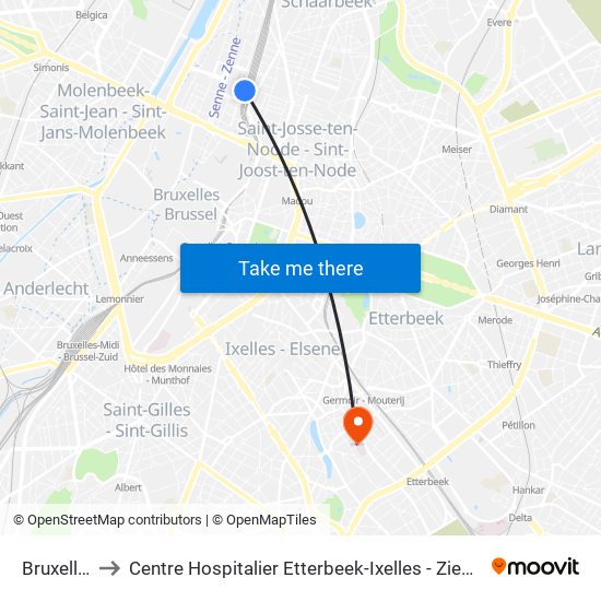 Bruxelles-Nord to Centre Hospitalier Etterbeek-Ixelles - Ziekenhuizencentrum Etterbeek-Elsene map