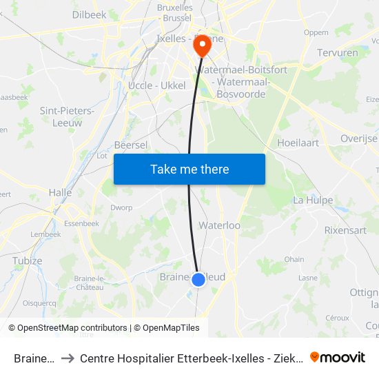 Braine-L'Alleud to Centre Hospitalier Etterbeek-Ixelles - Ziekenhuizencentrum Etterbeek-Elsene map