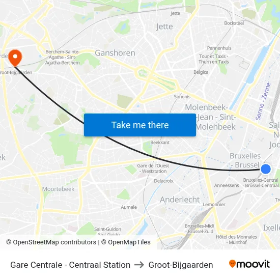 Gare Centrale - Centraal Station to Groot-Bijgaarden map
