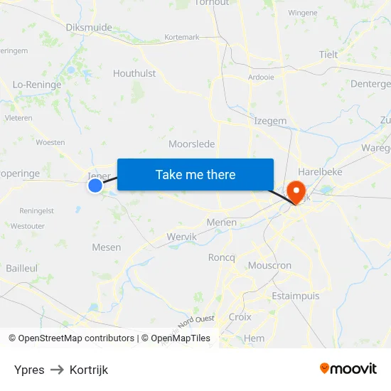 Ypres to Kortrijk map