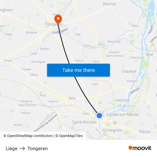 Liège to Tongeren map