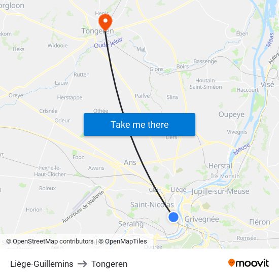 Liège-Guillemins to Tongeren map