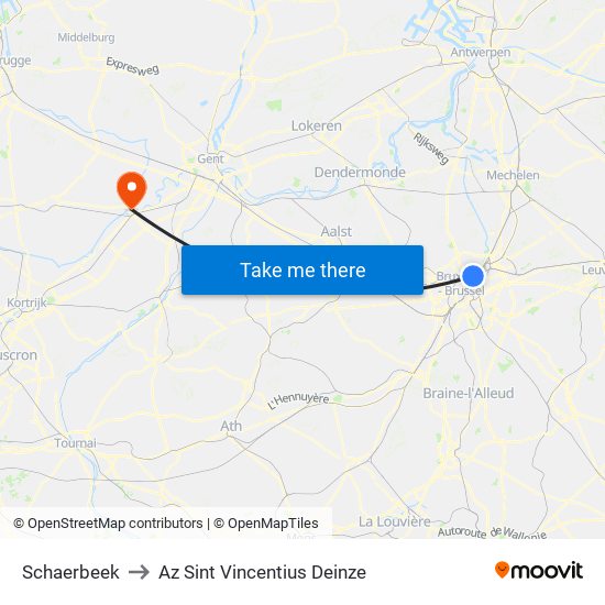Schaerbeek to Az Sint Vincentius Deinze map