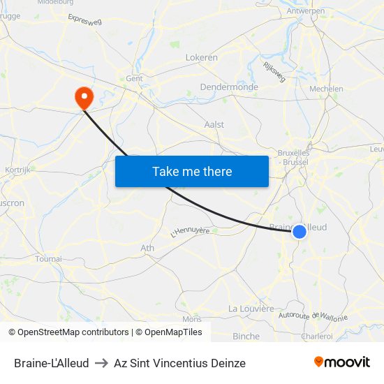 Braine-L'Alleud to Az Sint Vincentius Deinze map
