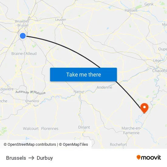 Brussels to Durbuy map
