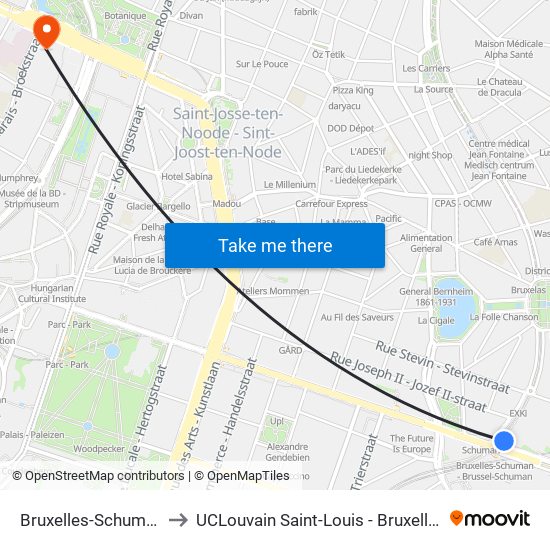 Bruxelles-Schuman to UCLouvain Saint-Louis - Bruxelles map