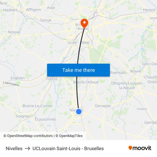 Nivelles to UCLouvain Saint-Louis - Bruxelles map