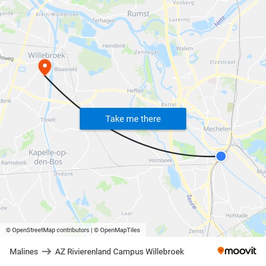 Malines to AZ Rivierenland Campus Willebroek map