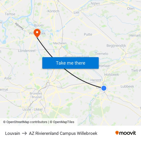 Louvain to AZ Rivierenland Campus Willebroek map