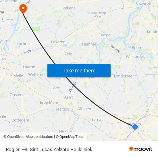 Rogier to Sint Lucas Zelzate Polikliniek map
