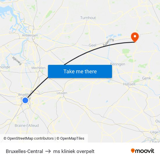 Bruxelles-Central to ms kliniek overpelt map
