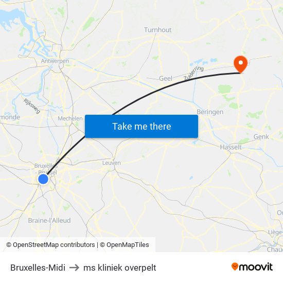 Bruxelles-Midi to ms kliniek overpelt map