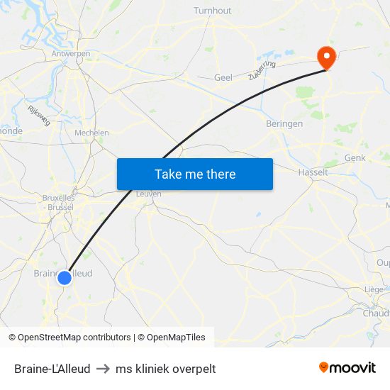 Braine-L'Alleud to ms kliniek overpelt map