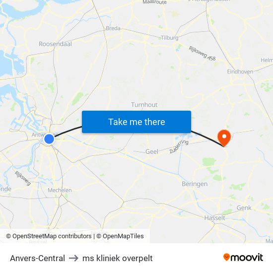 Anvers-Central to ms kliniek overpelt map