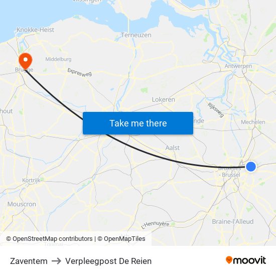 Zaventem to Verpleegpost De Reien map