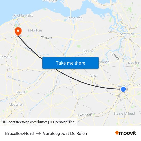 Bruxelles-Nord to Verpleegpost De Reien map