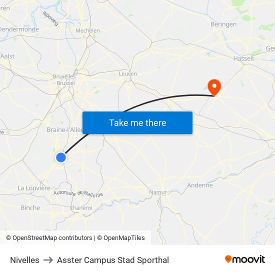 Nivelles to Asster Campus Stad Sporthal map