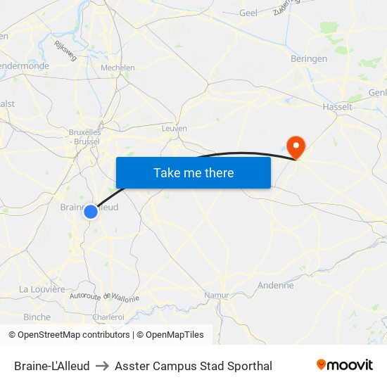 Braine-L'Alleud to Asster Campus Stad Sporthal map