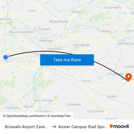 Brussels Airport-Zaventem to Asster Campus Stad Sporthal map