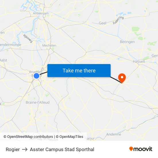 Rogier to Asster Campus Stad Sporthal map
