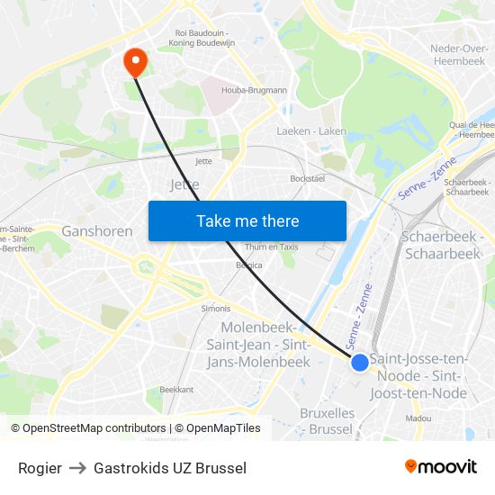 Rogier to Gastrokids UZ Brussel map