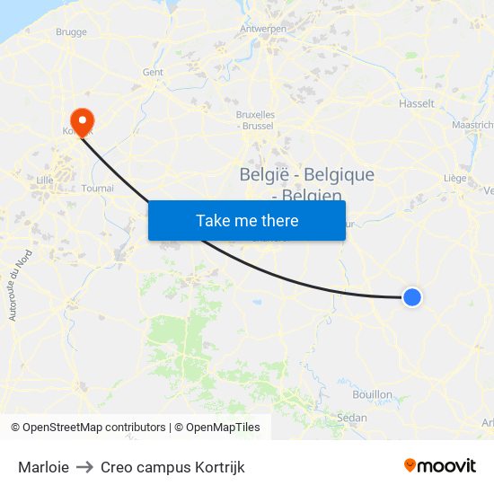 Marloie to Creo campus Kortrijk map