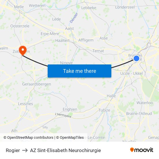 Rogier to AZ Sint-Elisabeth Neurochirurgie map