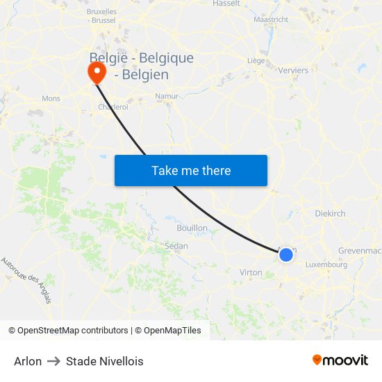 Arlon to Stade Nivellois map