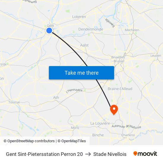 Gent Sint-Pietersstation Perron 20 to Stade Nivellois map