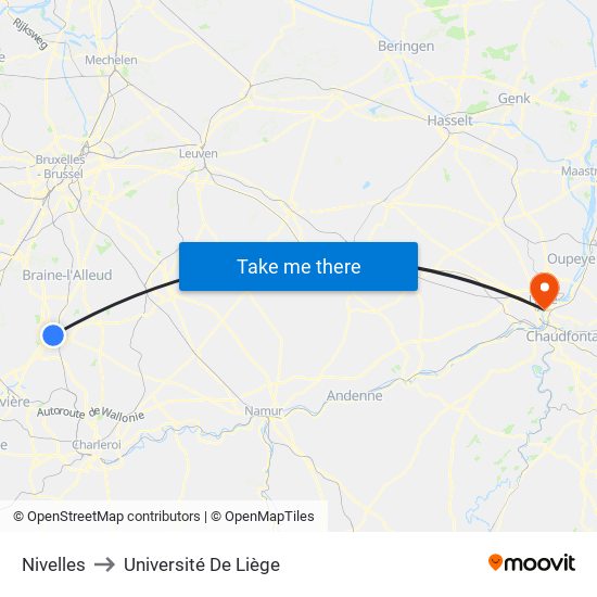 Nivelles to Université De Liège map