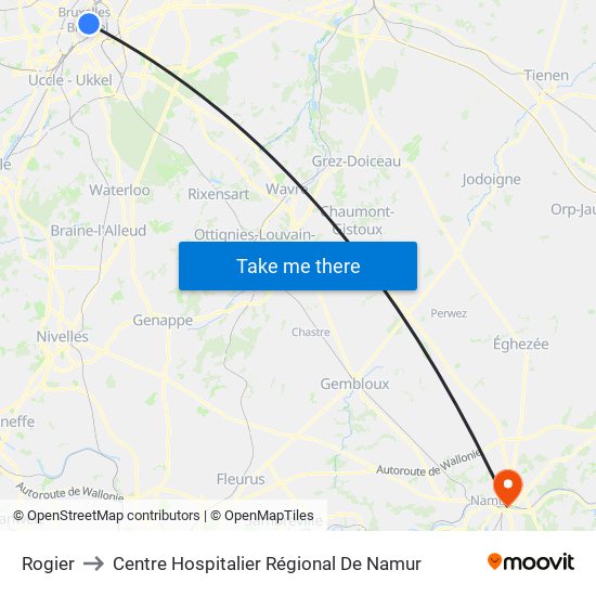 Rogier to Centre Hospitalier Régional De Namur map