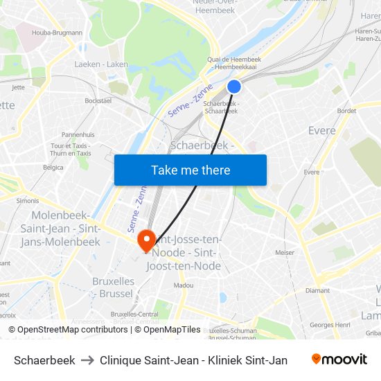 Schaerbeek to Clinique Saint-Jean - Kliniek Sint-Jan map