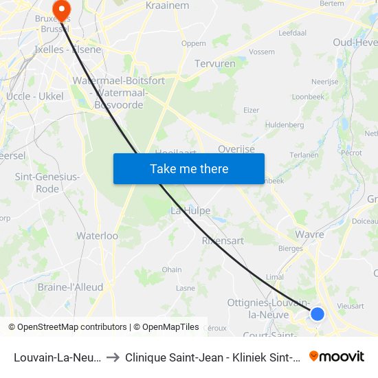 Louvain-La-Neuve to Clinique Saint-Jean - Kliniek Sint-Jan map