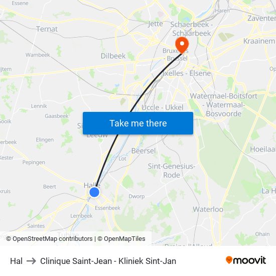 Hal to Clinique Saint-Jean - Kliniek Sint-Jan map