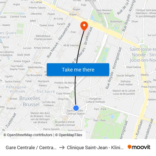 Gare Centrale / Centraal Station to Clinique Saint-Jean - Kliniek Sint-Jan map