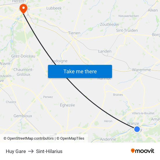 Huy Gare to Sint-Hilarius map