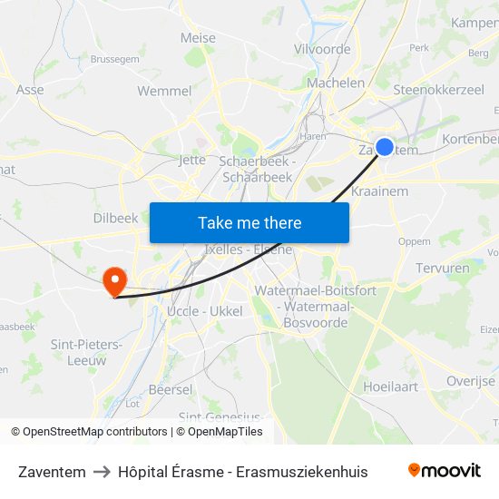 Zaventem to Hôpital Érasme - Erasmusziekenhuis map