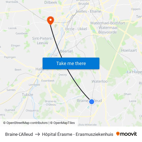 Braine-L'Alleud to Hôpital Érasme - Erasmusziekenhuis map