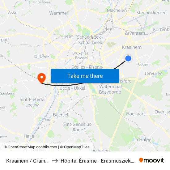 Kraainem / Crainhem to Hôpital Érasme - Erasmusziekenhuis map