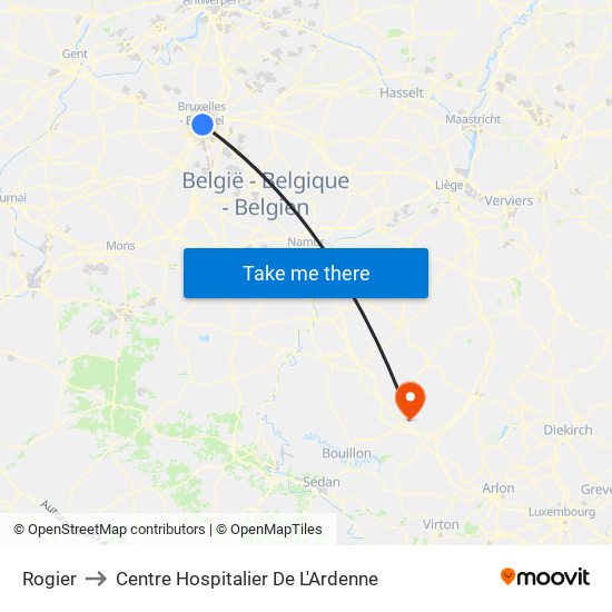 Rogier to Centre Hospitalier De L'Ardenne map