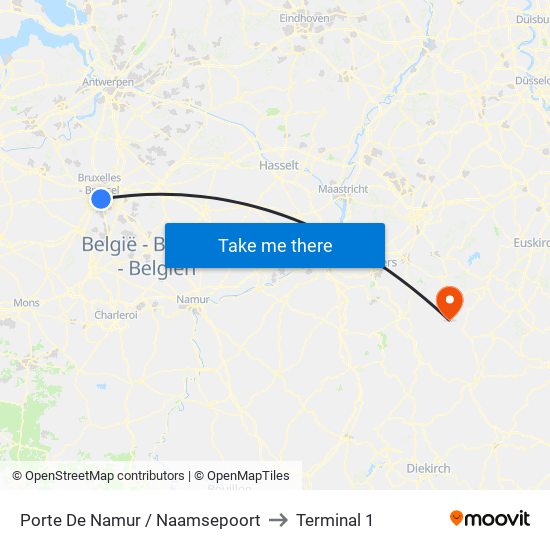 Porte De Namur / Naamsepoort to Terminal 1 map
