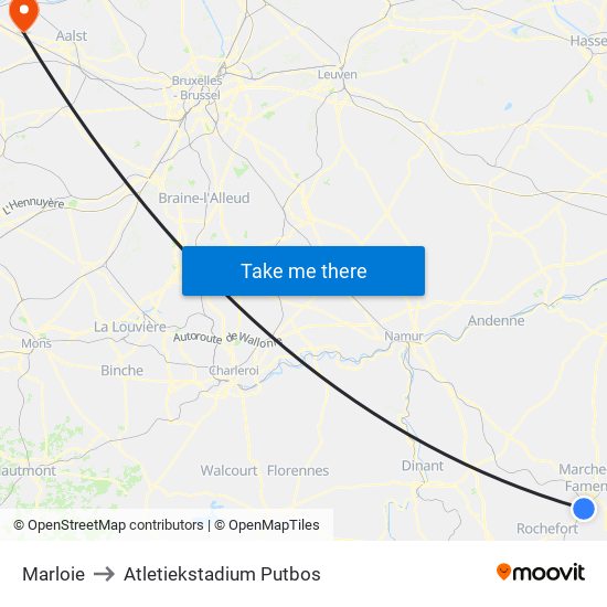 Marloie to Atletiekstadium Putbos map