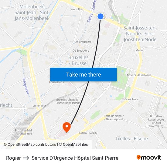 Rogier to Service D'Urgence Hôpital Saint Pierre map