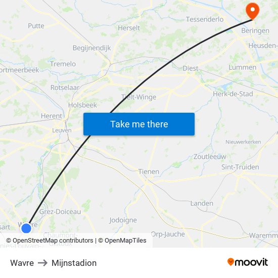 Wavre to Mijnstadion map