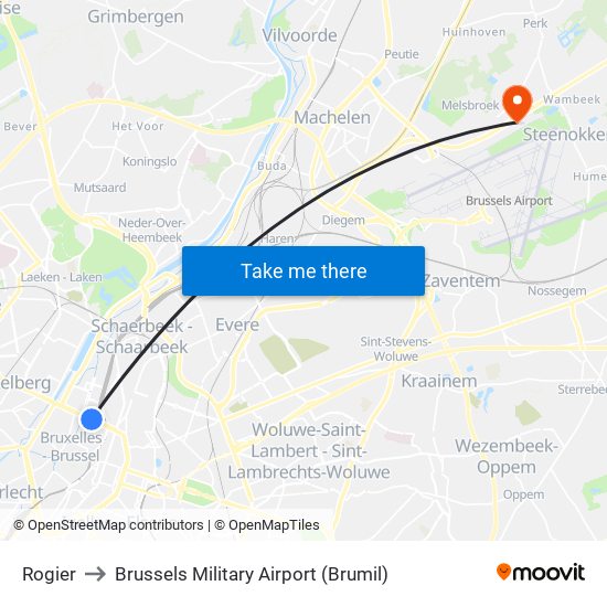 Rogier to Brussels Military Airport (Brumil) map
