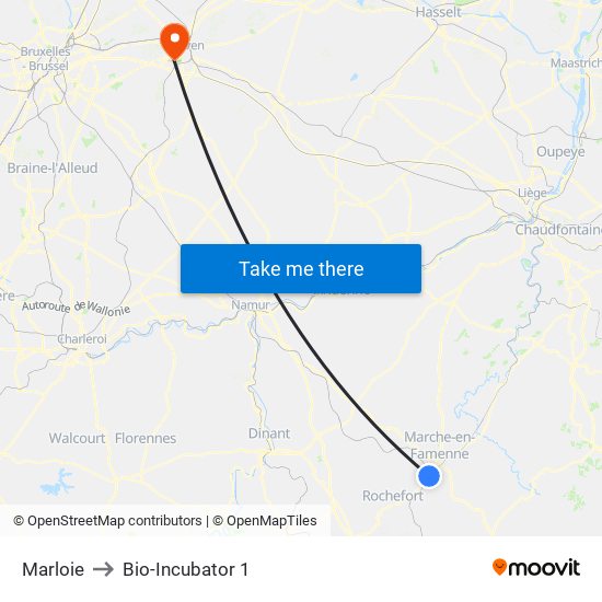 Marloie to Bio-Incubator 1 map