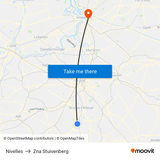 Nivelles to Zna Stuivenberg map